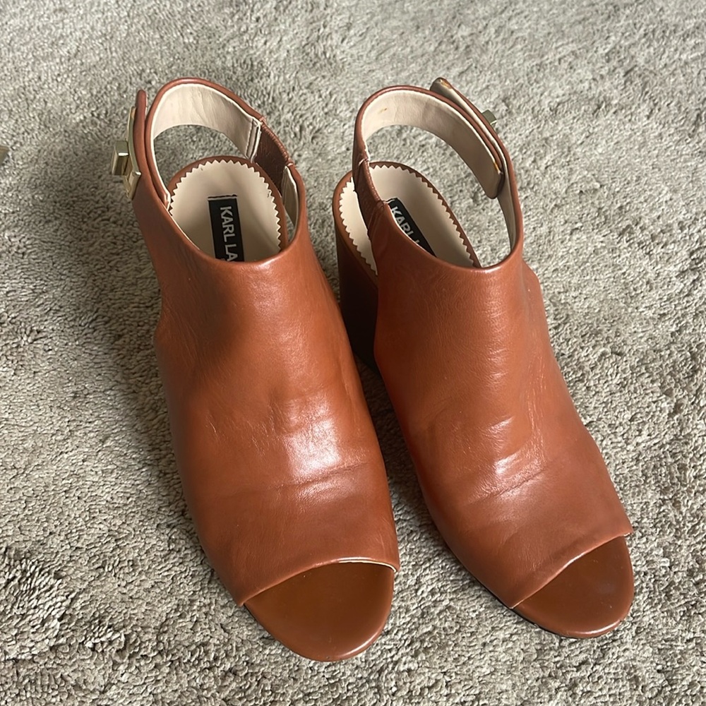 Karl Lagerfeld leather wedges with gold clasp closure